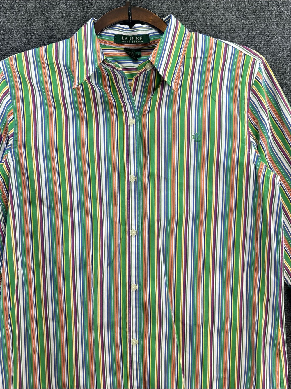 Ralph Lauren Womens Button-Up Shirt Long Sleeve Small Green/Orange Stripe Cotton